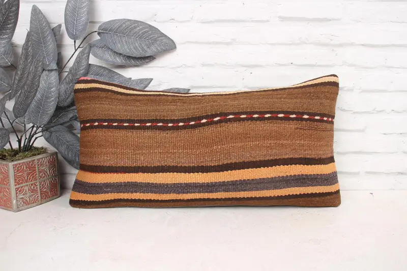 Boho Pillow Sham Cover, Cushion Cover, Rustic Cushion Case, Ethnical Kilim Rug Pillow, Pillow for Couch, 12x24 Brown Pillow Cover - 1