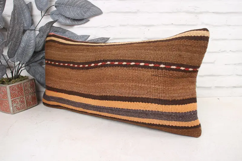 Boho Pillow Sham Cover, Cushion Cover, Rustic Cushion Case, Ethnical Kilim Rug Pillow, Pillow for Couch, 12x24 Brown Pillow Cover - 4