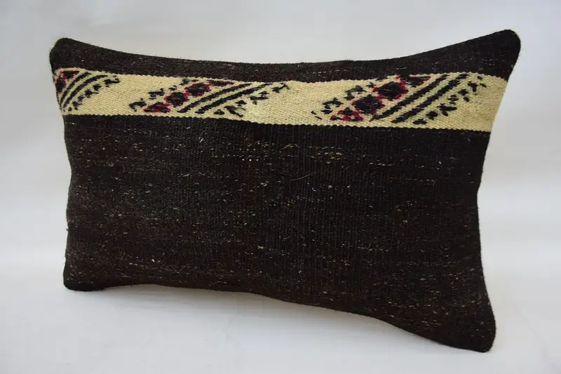Throw Kilim Pillow, 12x20 Brown Pillow Sham, Gift Pillow, Cushion, Office Chair Pillow, Crochet Pattern Pillow Case, Pillow for Couch - 3