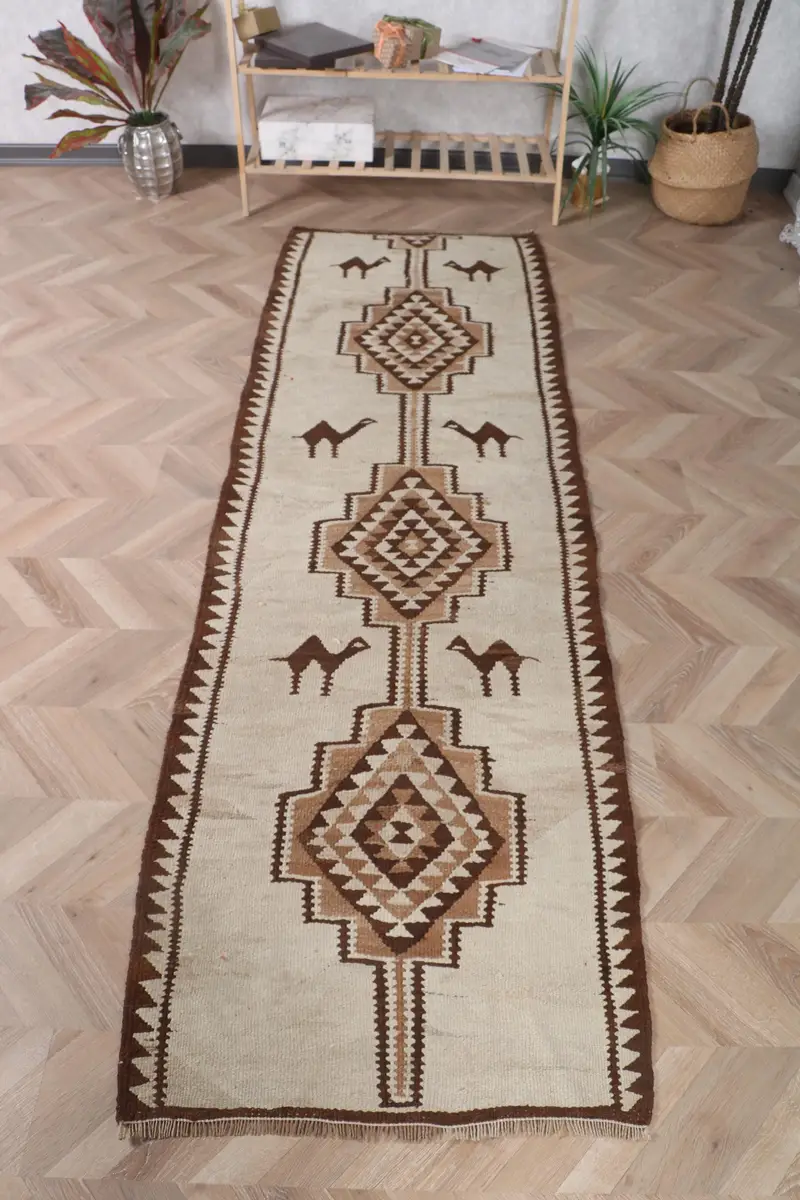 Türk Halısı, 2.5x8.4 ft Runner Halı, Kahverengi Beyaz Kilim Yün Halı - 1