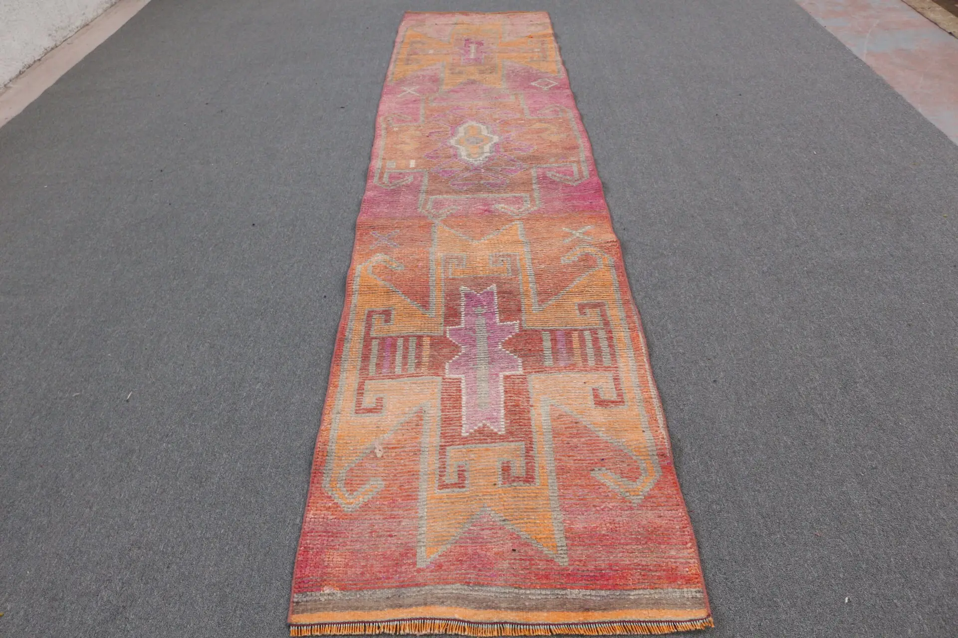 Vintage Turkish Runner Rug 2.7x12.4 ft, Red Orange Floral Rug - 1