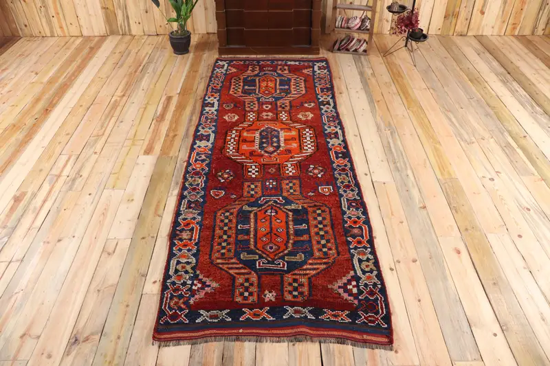 3.6x10 ft Vintage Rug, Turkish Runner Rug, Red Plants & trees Wool Rug - 1