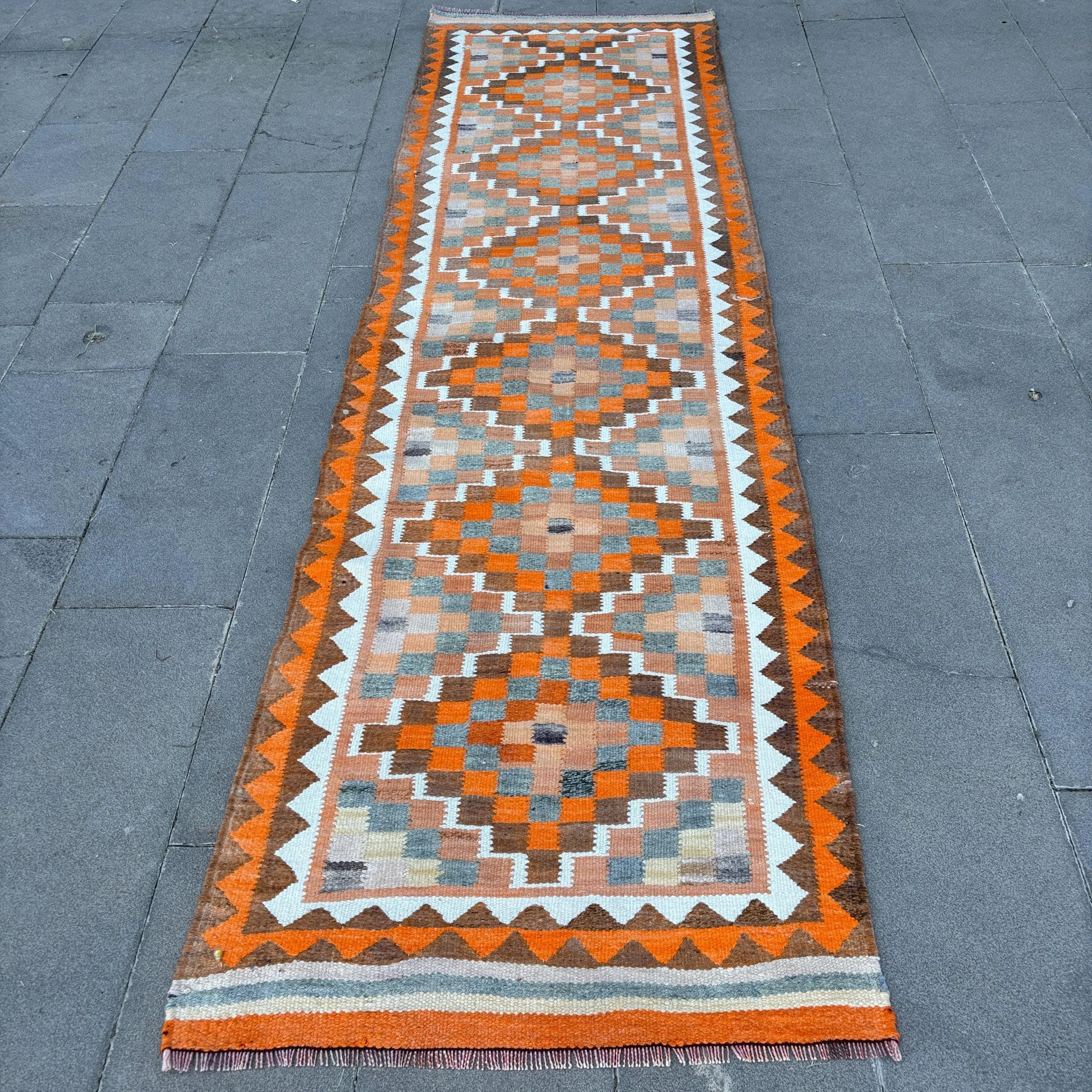 Vintage 2.8x10.1 ft Runner Rug, Turkish Rug, Orange Camouflage Rug - 1
