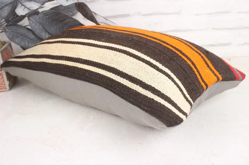 Handmade Kilim Cushion, Decorative Bolster Pillow Cover, Home Decor Pillow, Bright Cushion Cover, Boho Pillow, 12x20 Orange Pillow, Pillow Case - 6