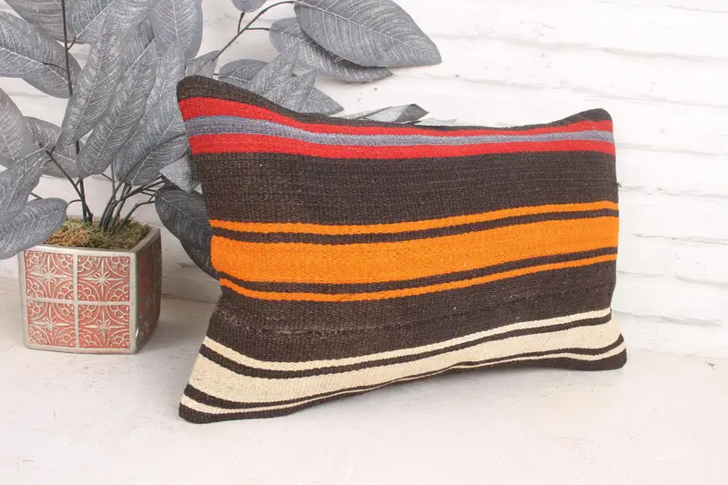 Handmade Kilim Cushion, Decorative Bolster Pillow Cover, Home Decor Pillow, Bright Cushion Cover, Boho Pillow, 12x20 Orange Pillow, Pillow Case - 3