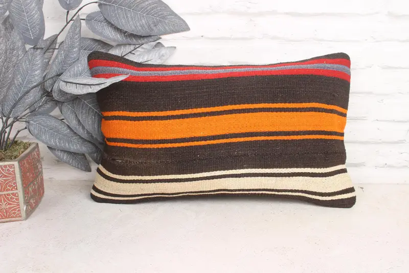 Handmade Kilim Cushion, Decorative Bolster Pillow Cover, Home Decor Pillow, Bright Cushion Cover, Boho Pillow, 12x20 Orange Pillow, Pillow Case - 1