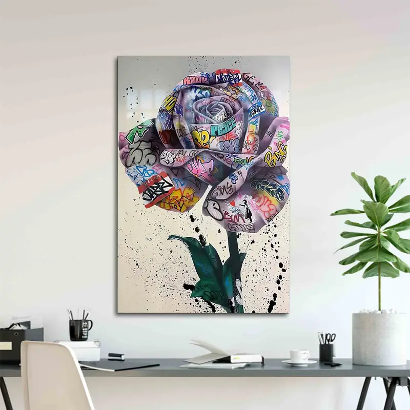 モダンなバンクシー ローズ グラフィティ プリント ガラス - トレンディでカラフルなデザイン