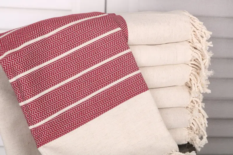 Burgundy Linen Towel Zig Zag, Personalized 40x67 Inches, Organic Turkish Cotton