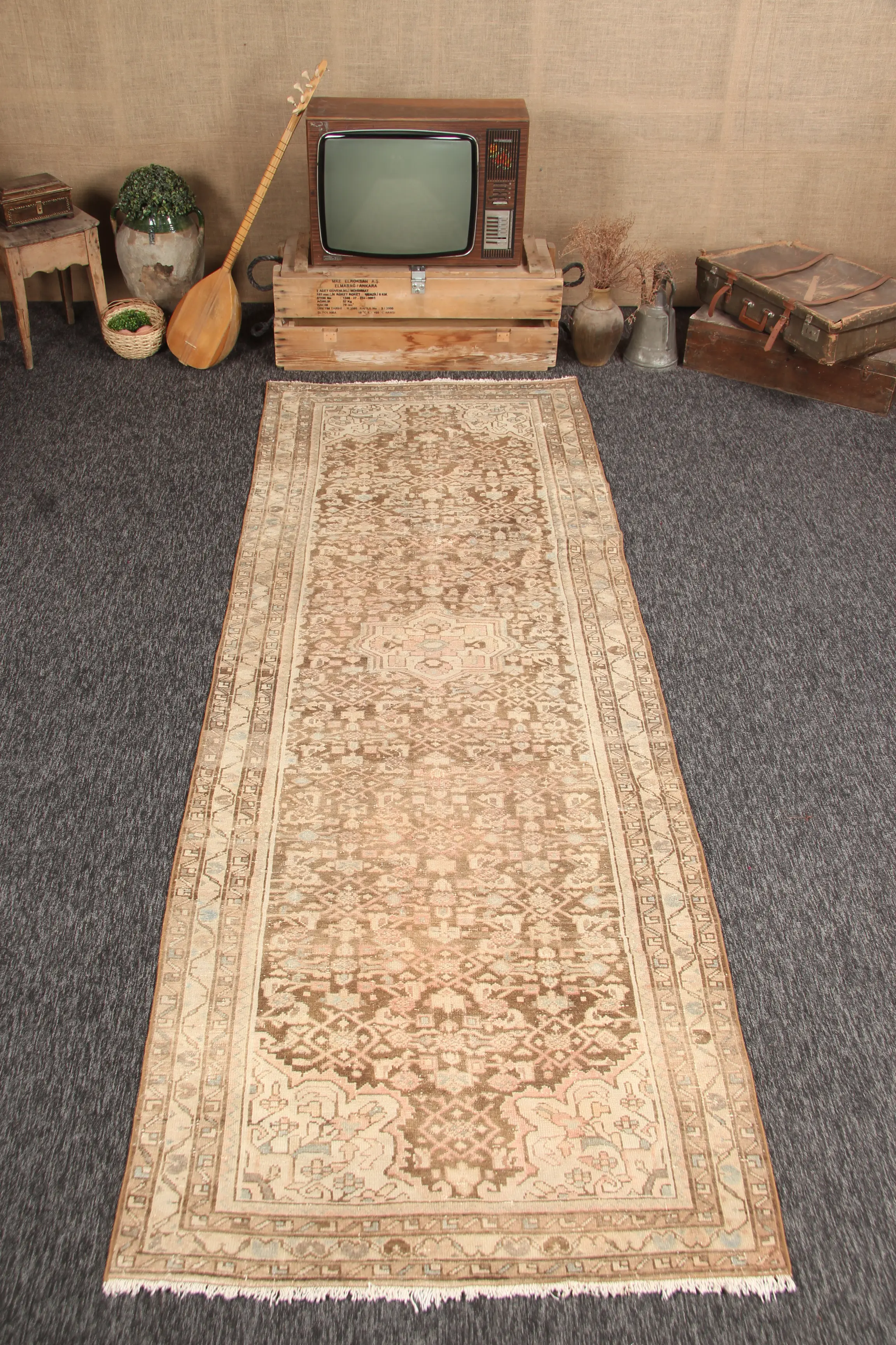 Turkish Rug, Small 3.6x10.3 ft Vintage Rug, Brown Geometric Rug - 1