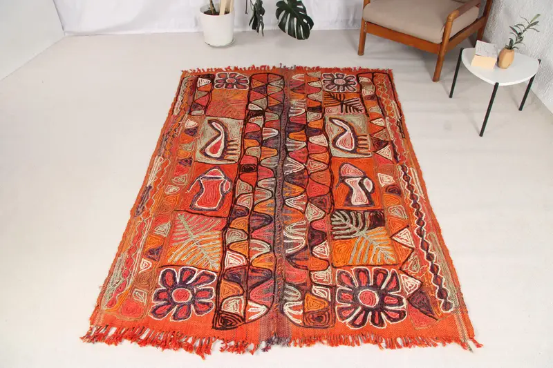 Vintage Halı, 5x7 ft Alan Türk Halısı, Kilim Turuncu Kahverengi Soyut Halı - 1