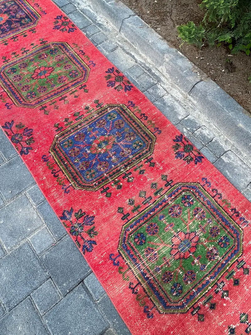 Red & Blue Rug, 2,7x11,11 ft Elegant Bordered Design
