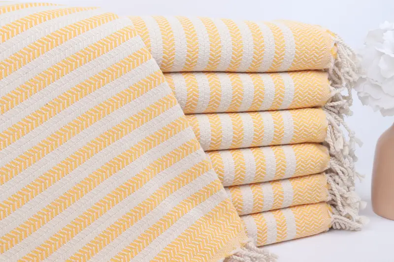 Koyu Sarı Pamuklu Chevron Havlu, Kişiye Özel Türk Havlusu, 40x71 İnç