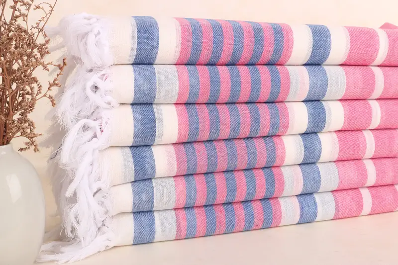 Pink-Navy Blue Striped Cotton Towel, Turkish, 40x67 Inches