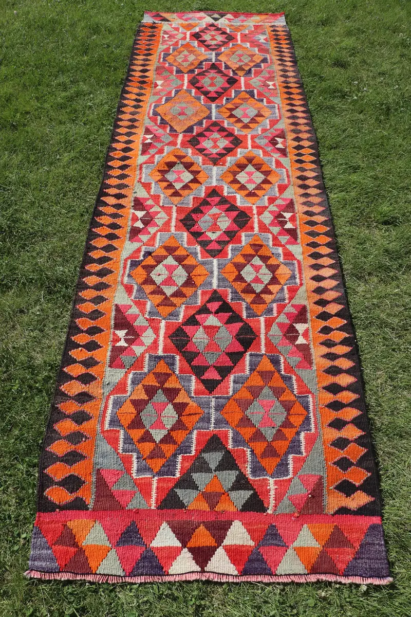 Red & Orange Patchwork Rug, 3x10.6 ft Vibrant Decor