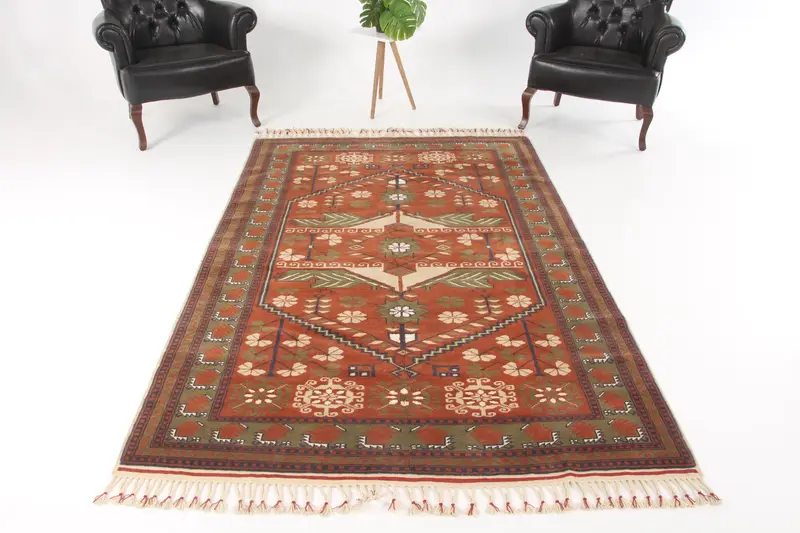Vintage Turkish Oushak Large Rug 5.1x7.9 ft, Brown Check Rug Wool - 1