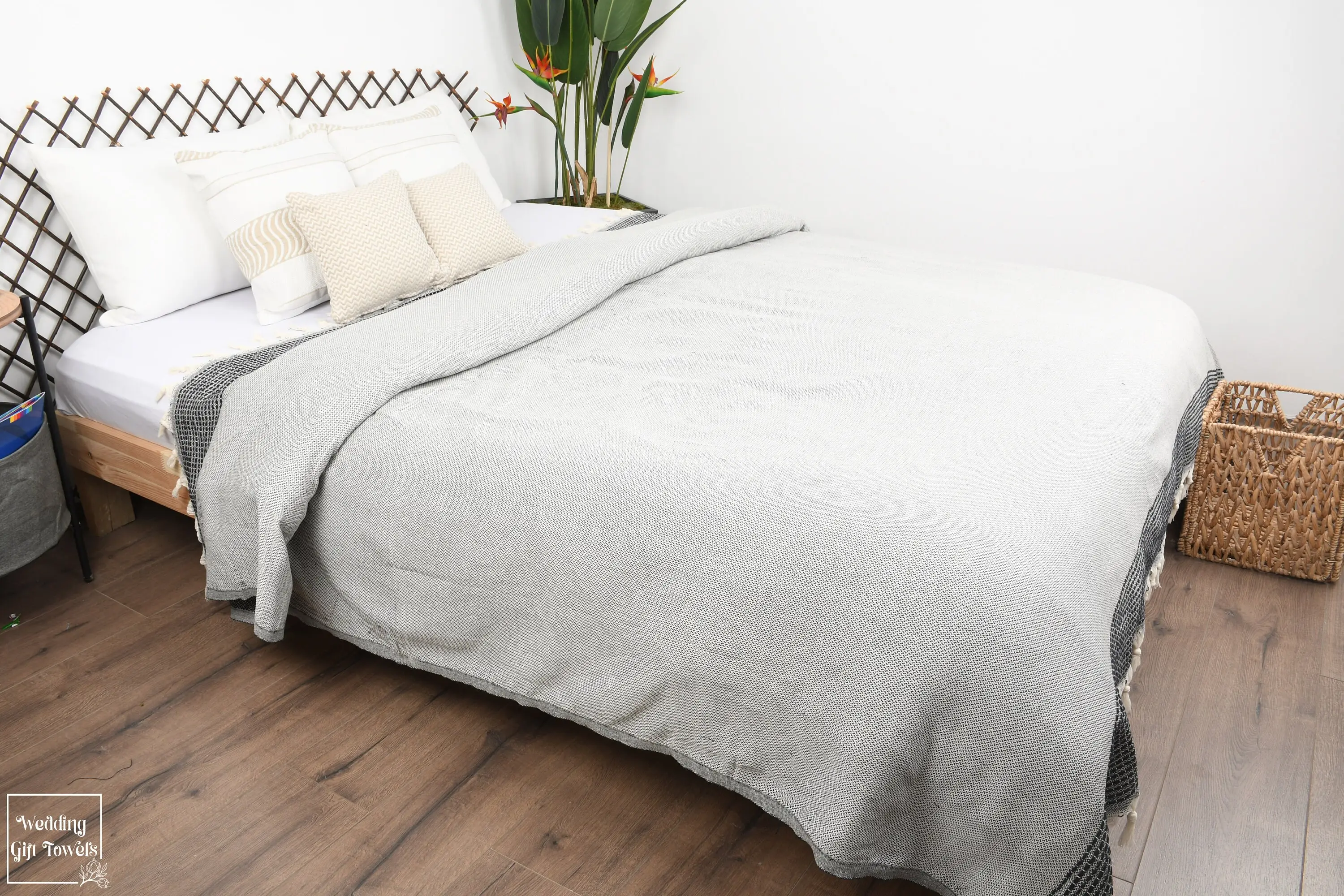Personalized Turkish Cotton Blanket Striped Beige, 95x91 Inches - 1