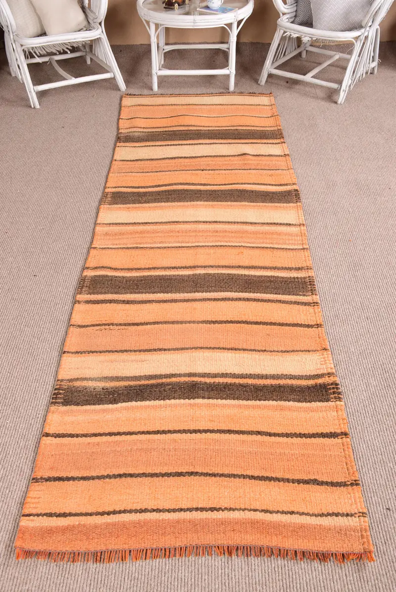 Kilim Rug, 2.9x9 ft Turkish Rug, Orange Paisley Rug Wool - 1