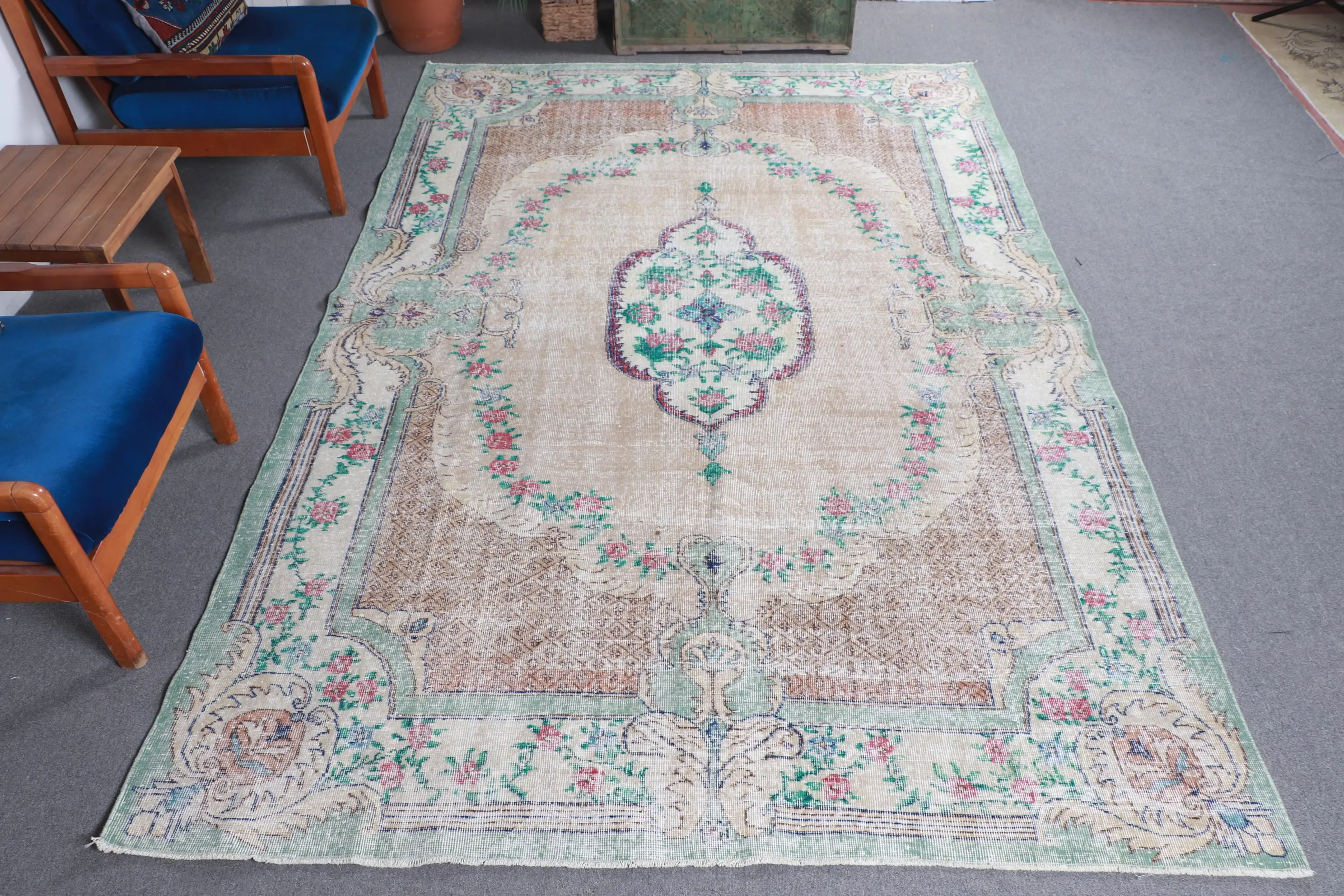 6.7x10.1 ft Vintage Halı, Kilim, Yeşil İkat Halı Yün - 1