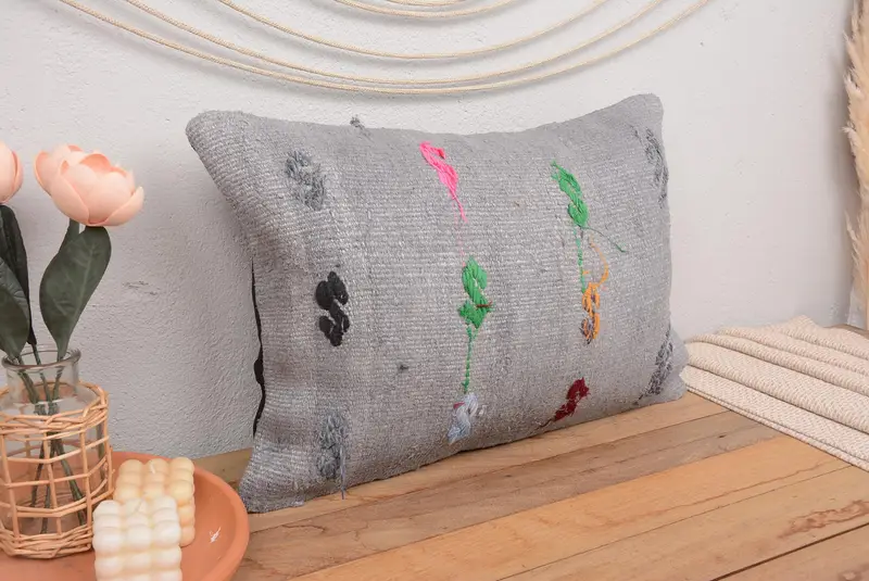 Meditation Pillow Cover, Yoga Pillow Cover, Boho Pillow Sham Cover, Pillow Cover, Pillow for Sofa, 16x24 Gray Pillow Cover, Throw Kilim Pillow - 1