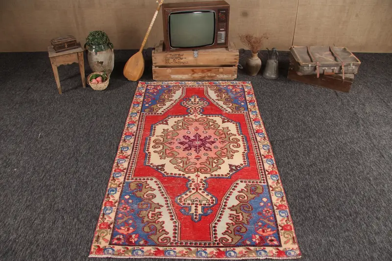 Türk 4.1x7.3 ft Halı, Oushak Vintage Halı, Kırmızı Halı Yünü - 1
