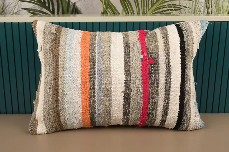 Turkish White Cushion, Striped Moroccan 40x60 cm Pillow Cover - 1
