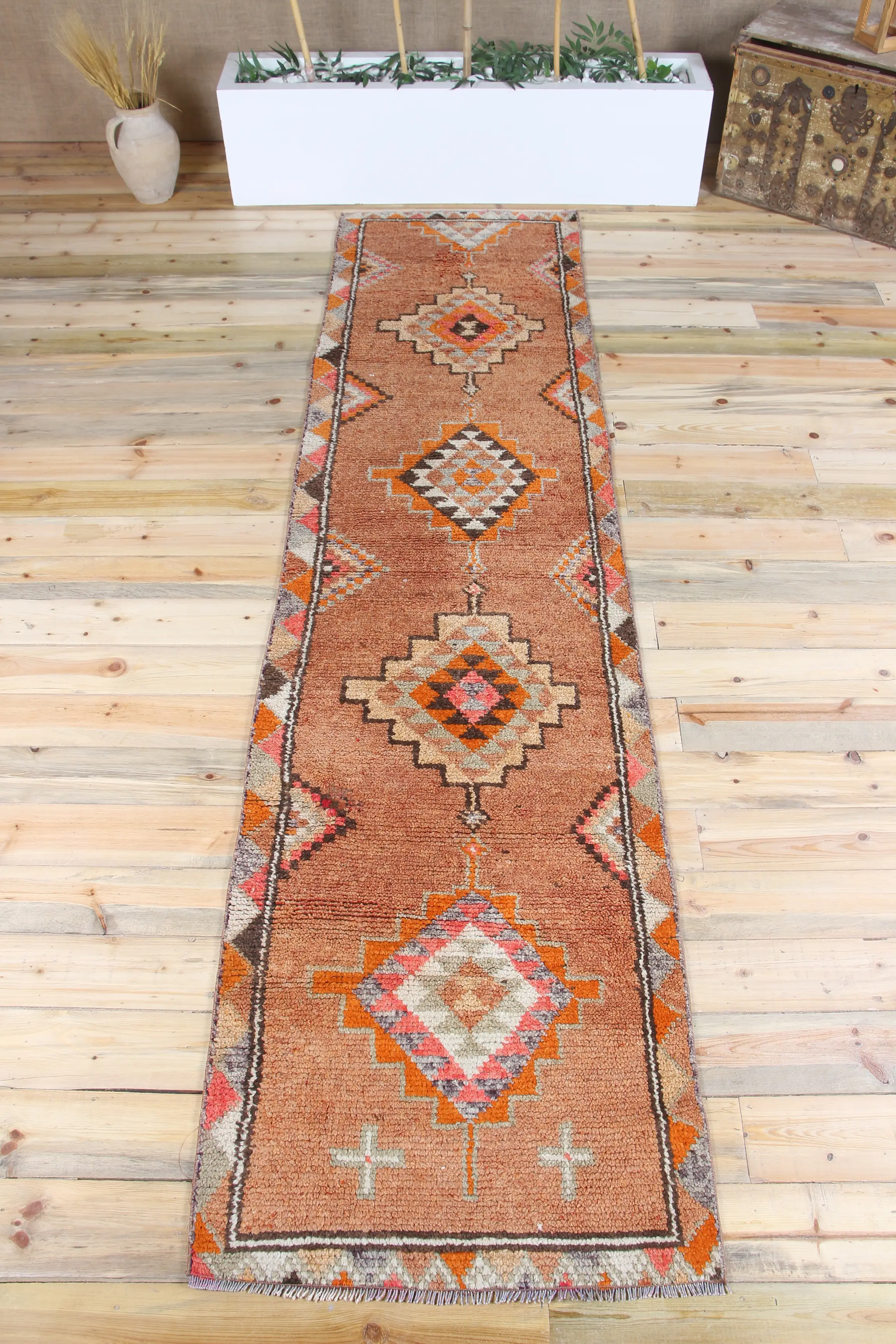 Türk 2.7x10.8 ft Halı, Vintage Runner Halı, Turuncu Geometrik Halı - 1