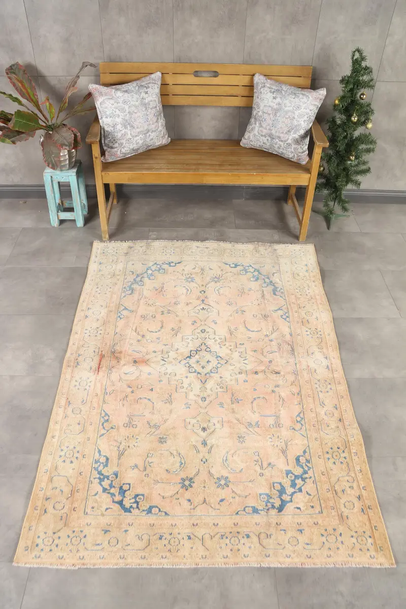 Türkischer Vintage Oushak-Teppich, 125 x 186 cm, blauer Ikat-Wollteppich - 1