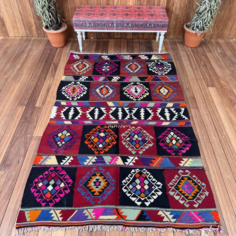 4.7x7.6 ft Vintage Turkish Rug, Area Rug, Red Oushak Ikat Rug - 1