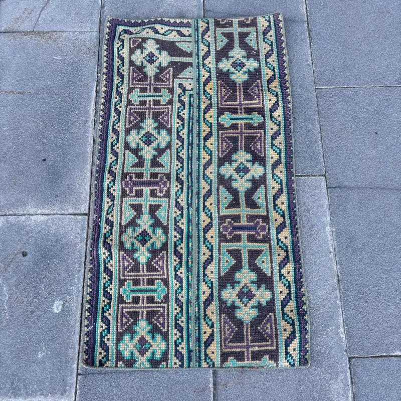Alfombra vintage turca, alfombra Oushak de 1,7x3,1 pies, alfombra de lana a rayas azules - 1