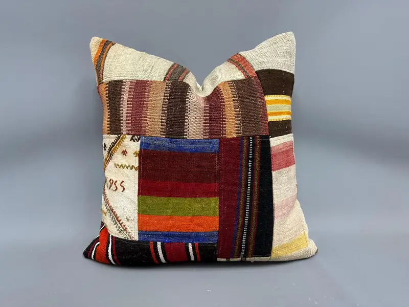 Vintage Pillow, Vintage Kilim Pillow, Handmade Kilim Cushion, Neutral Pillow, 24x24 Beige Pillow Cover, Pillow Cover, Kilim Rug Pillow Case - 1