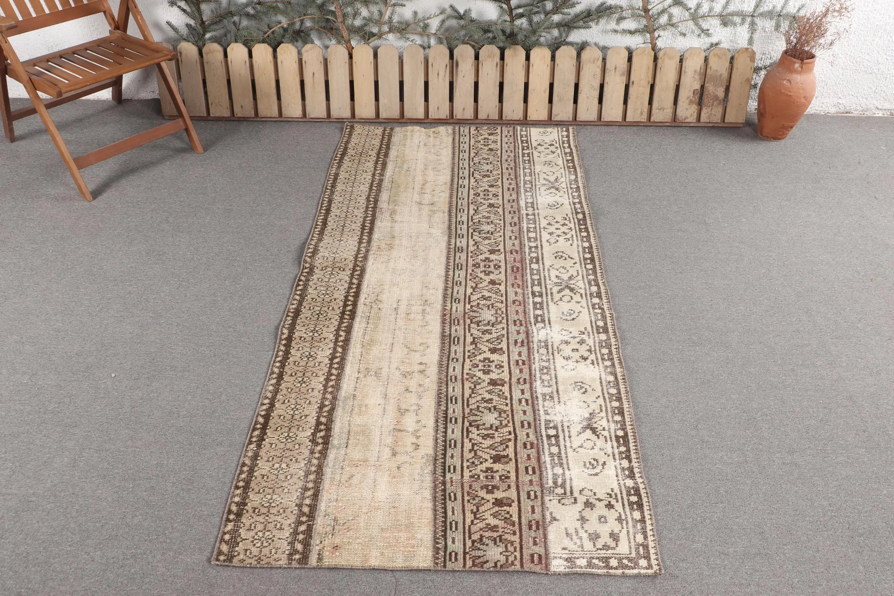 Türk Vintage Vurgulu Halı 3.3x7 ft (102x212 cm), Kahverengi Çiçekli Halı - 1