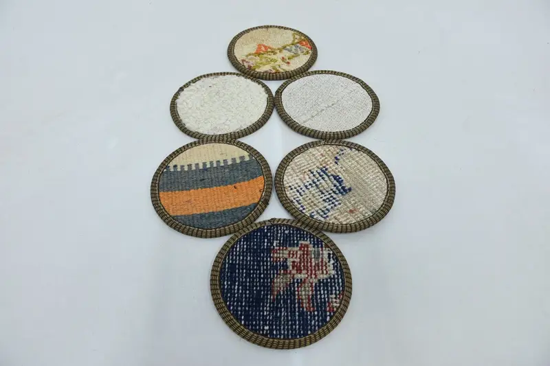 Bohem Mavi ve Sarı Yuvarlak Bardak Altlığı, Etnik Masa Altlığı