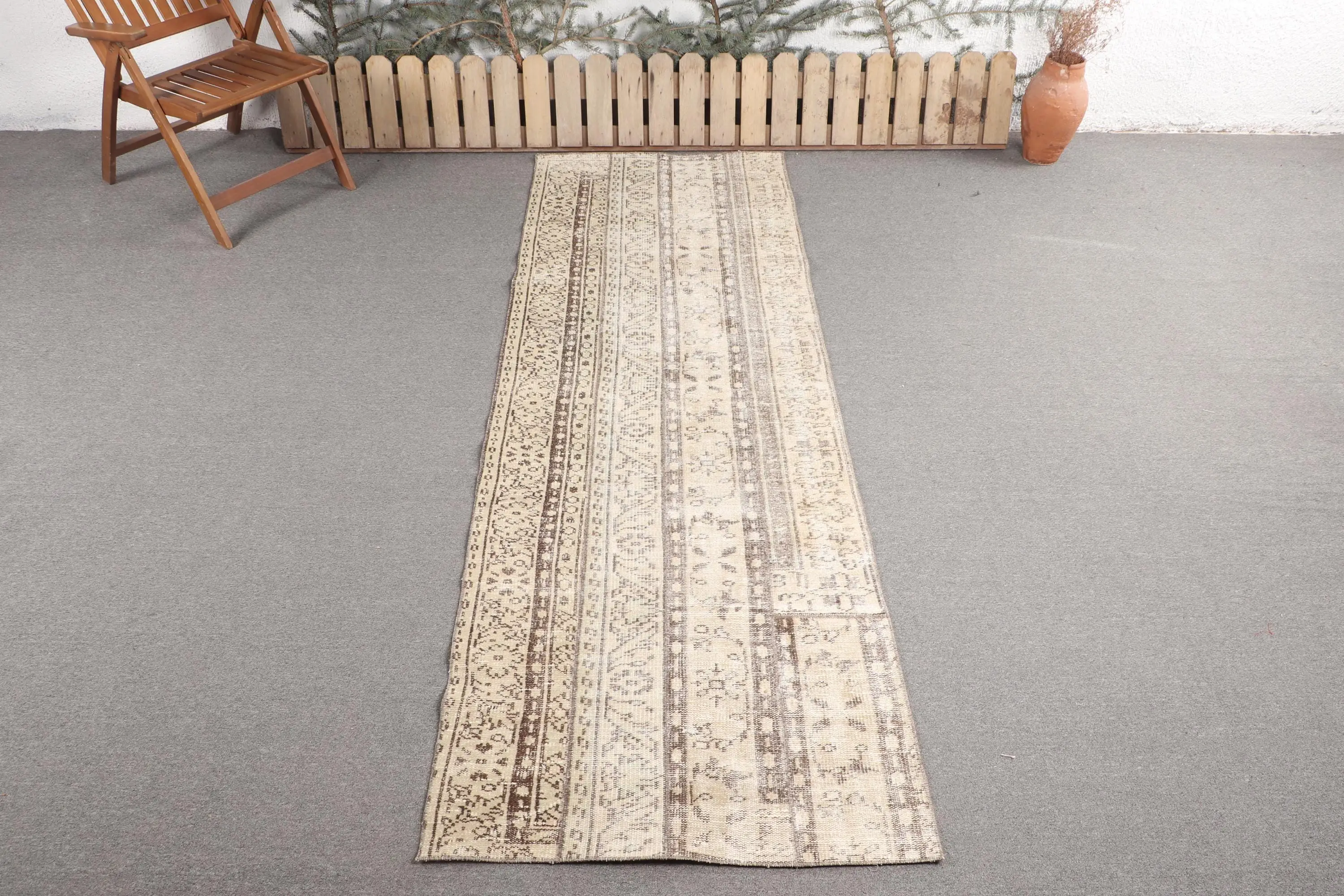 Turkish Vintage Runner Rug 3x9 ft (92x273 cm), White Camouflage Rug - 1