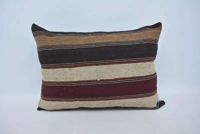 Brown & Beige Embroidered Geometric Pillow, 20x28 Inches, Handmade Throw Pillow - 1