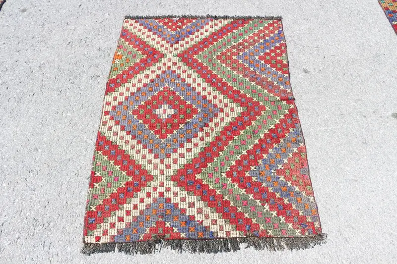 Vintage 2.9x3.7 ft Small Rug, Turkish Rug, Kilim Red Abstract Rug - 1