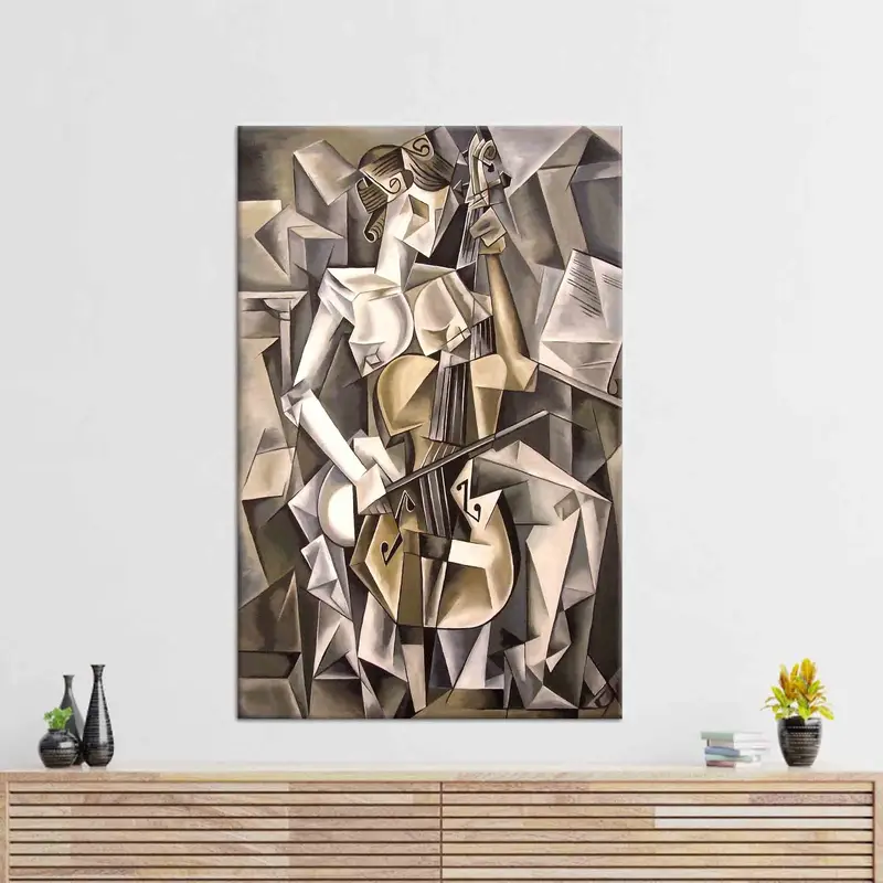 モダンキュビズムキャンバス: チェロを弾く抽象的な女性