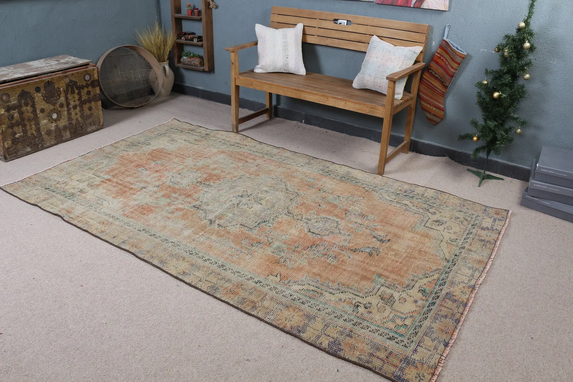 Türkischer großer Teppich, 4,9x8,4 ft Vintage Teppich, orangefarbener Wollteppich - 1
