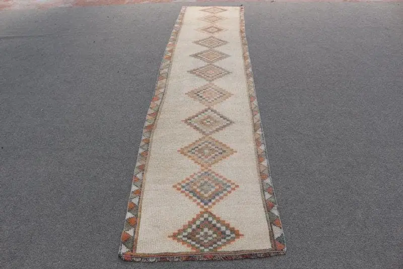 Elegant Beige Moroccan Rug, 2.5x11 ft with Orange Accents