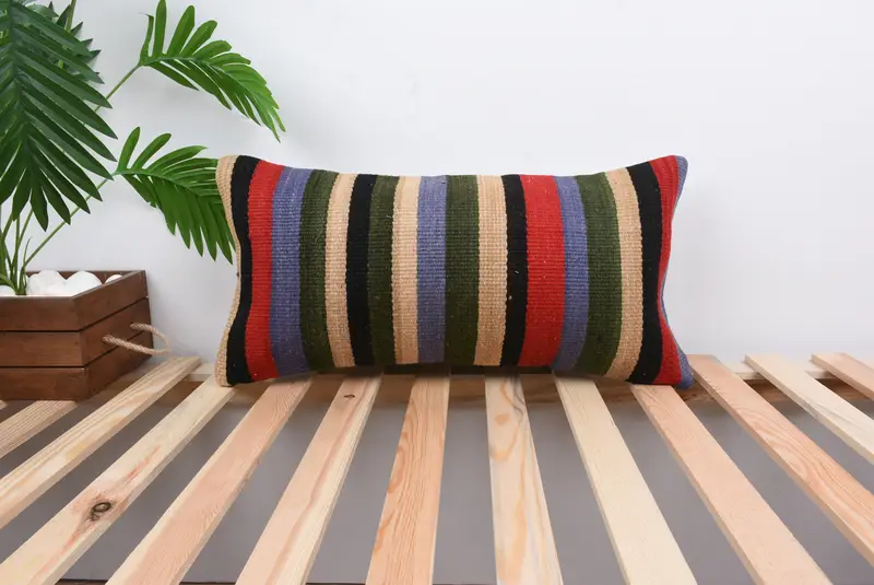 Turkish Kilim Pillow, Pillow for Sofa, Outdoor Bolster Pillow Cover, 12x24 Blue Pillow Case, Cushion Case, Meditation Pillow Cover, Turkish Pillow - 1