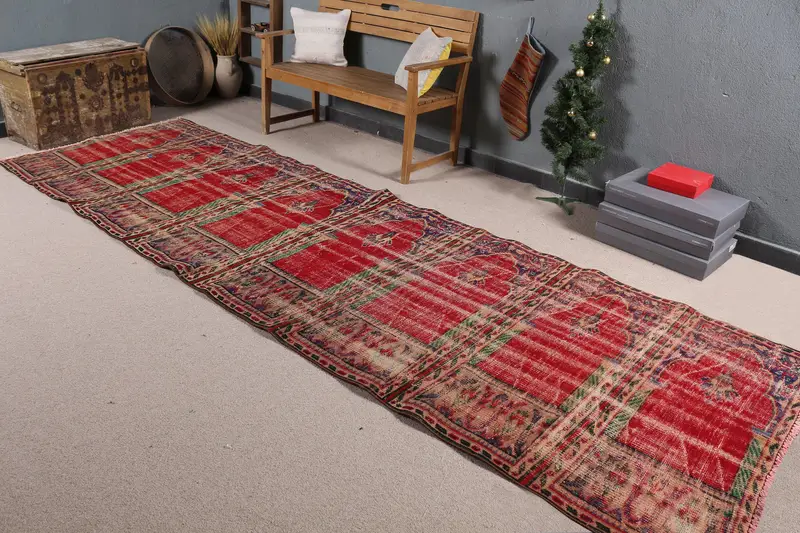 レッド&ブルーチェックラグ、4.2x13.1フィートのシックな装飾