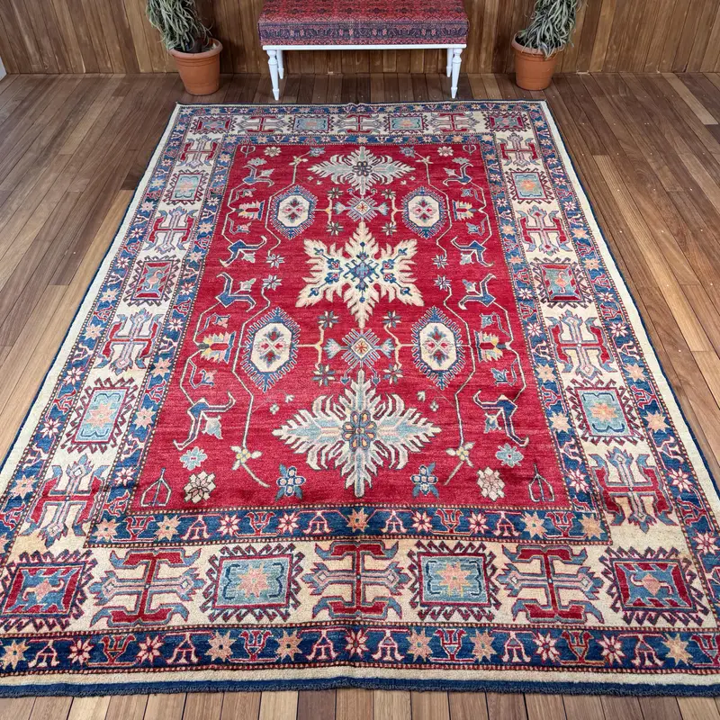 7.3x11.4 ft Oversize Vintage Rug, Turkish Rug, Red Blue Moroccan Wool Rug - 1