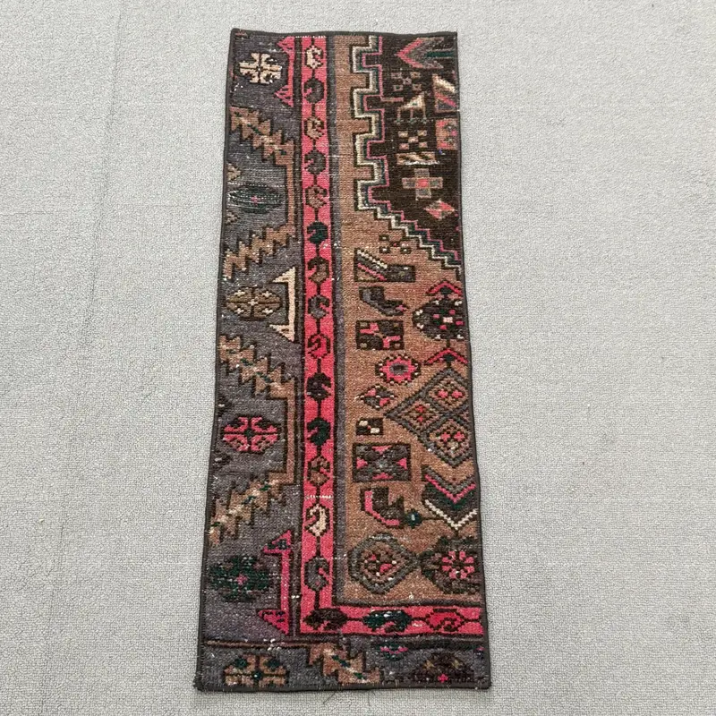 1x2.9 ft Turkish Oushak Rug, Brown Ikat Vintage Wool Rug - 1