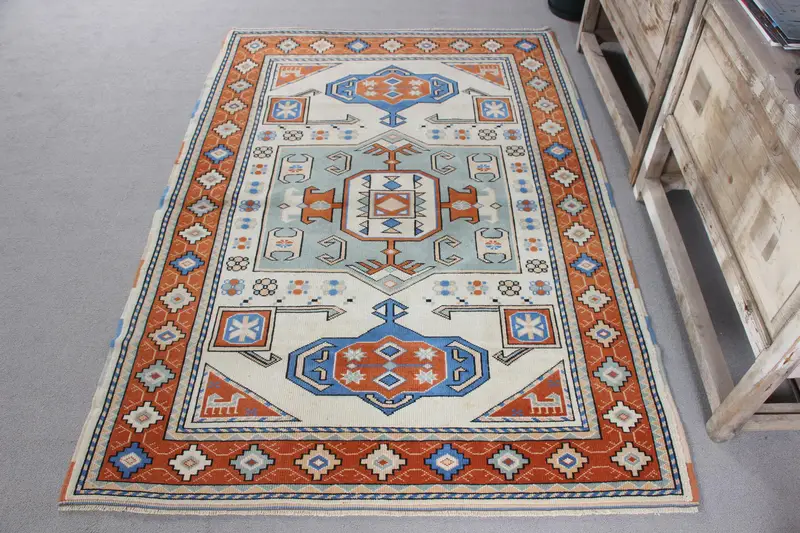 El Yapımı Bej ve Turuncu İran Halısı, 0,4x6 ft