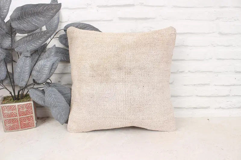 Kilim Pillow, Handmade Rug Seat Cushion Case, Pillow, Boho Pillow Sham Cover, Gift Pillow, 16x16 Beige Cushion, Knitted Pillow Sham - 1