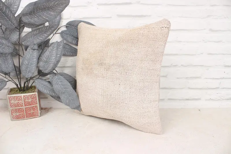 Kilim Pillow, Handmade Rug Seat Cushion Case, Pillow, Boho Pillow Sham Cover, Gift Pillow, 16x16 Beige Cushion, Knitted Pillow Sham - 4