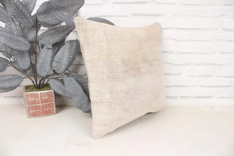 Kilim Pillow, Handmade Rug Seat Cushion Case, Pillow, Boho Pillow Sham Cover, Gift Pillow, 16x16 Beige Cushion, Knitted Pillow Sham - 3