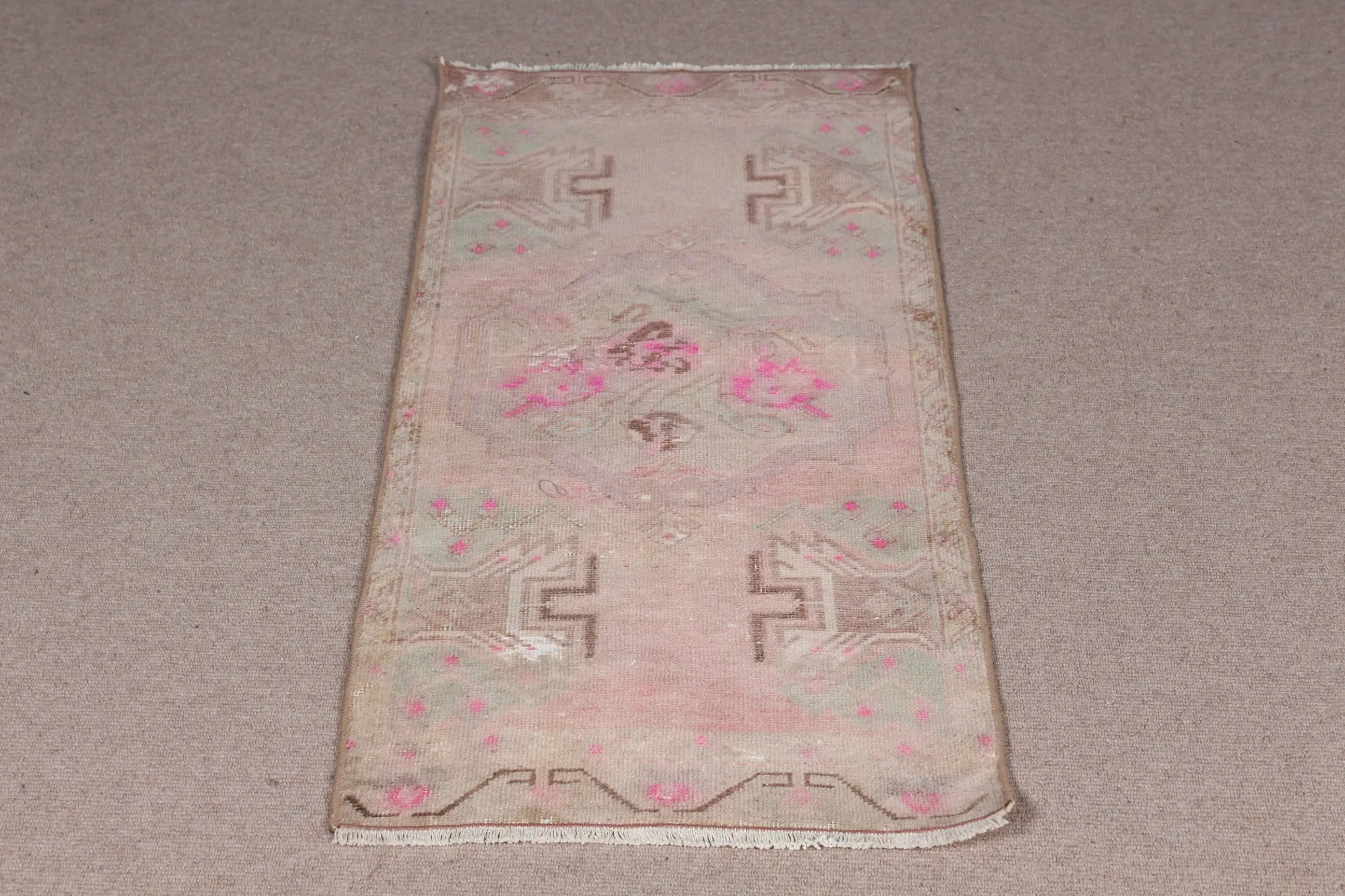 Türkischer Vintage-Teppich, 1,7 x 3,7 Fuß großer Teppich, braun-rosa Patchwork-Wollteppich - 1