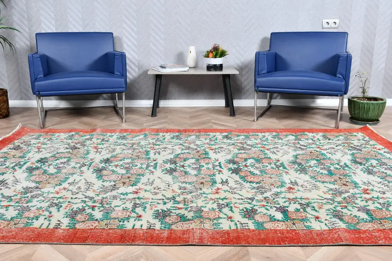 Alfombra grande Vintage Oushak 5,6x9 pies (170x273 cm), alfombra turca de lunares rojos - 1