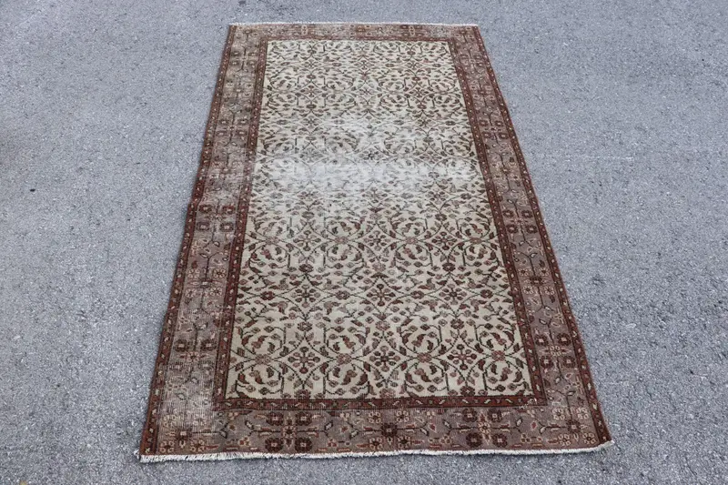 Vintage Türk Alan Halısı 3.7x6.6 ft, Kahverengi Beyaz Yün Halı - 1