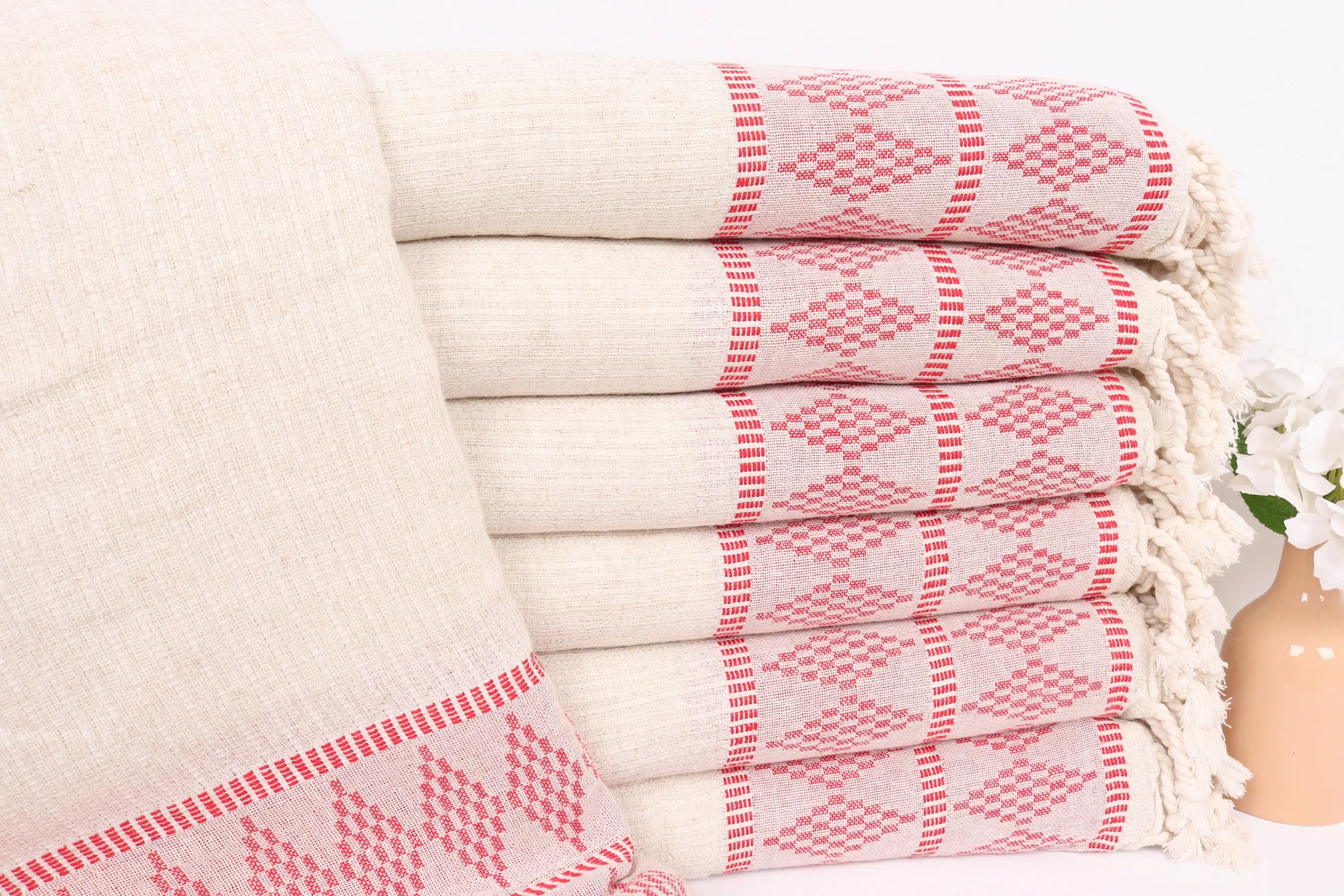 Red Linen Plaid Throw Blanket, Custom Bedspread, 87x99 Inches - 1